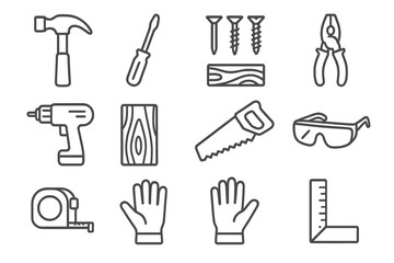 Obraz premium Tool icons set: hammer, saw, drill, pliers, screws, goggles, gloves