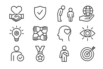 Outline icons of teamwork, innovation, trust, and global awareness symbols