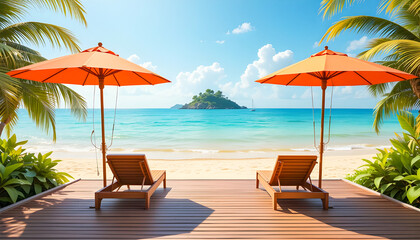Serene Tropical Beach Scene: Relaxing Loungers under Orange Umbrellas near Turquoise Ocean and Lush Palms