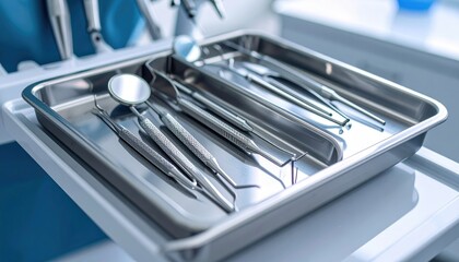 Sterile Dental Instruments in a Metal Tray Ready for Use at the Dentist's Office
