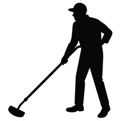 Dark Silhouette Man Wearing Cap Using Floor Scrubber for Cleaning on Floor