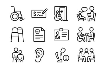 Accessibility icons: wheelchair, hearing, communication, mobility aid, services