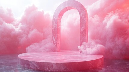 Pink Marble Arch on Round Platform Surrounded by Clouds