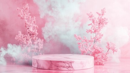 Pink marble podium with soft smoke and decorative trees in dreamy background
