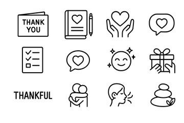 Gratitude icons set: thank you card, heart, smiley, gift, zen stones
