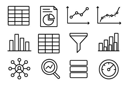 Data analysis icons set on dark background highlighting charts and graphs