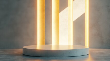 Minimalist Round Podium with Warm Light Beams in Modern Interior