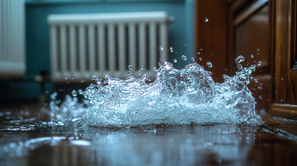 burst radiator spraying water across room with puddles forming, symbolizing urgent plumbing repair needs