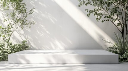 Minimalist White Concrete Podium in Sunlit Outdoor Space with Green Plants