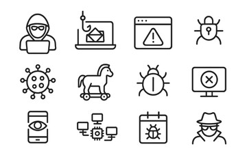 Cybersecurity icons depicting malware and phishing threats in digital world