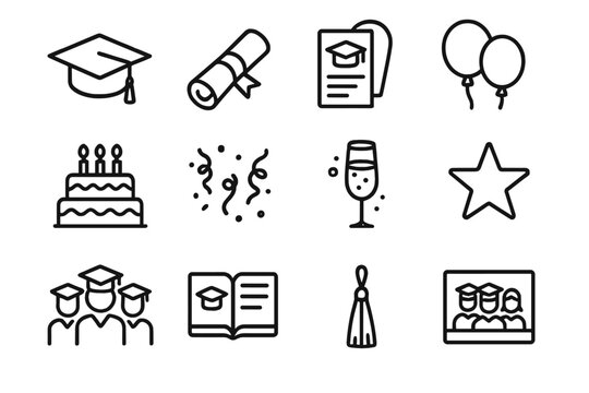 Graduation celebration icons featuring cap, diploma, and cake