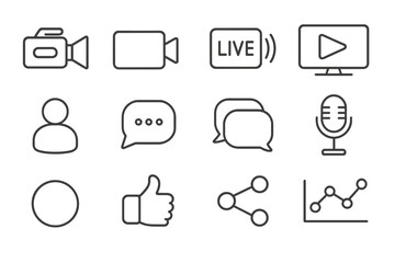 Media icons set: video, live, chat, microphone, share, analysis symbols