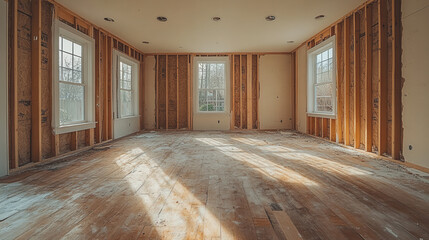 Fototapeta premium demolished room with stripped wall structure, exposed wood framing, raw renovation surfaces, home transformation in progress