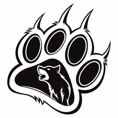 Wolf howling inside paw print graphic design element