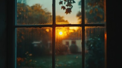 Modern window framed by frosted glass offering a stunning view of a colorful sunset in the background
