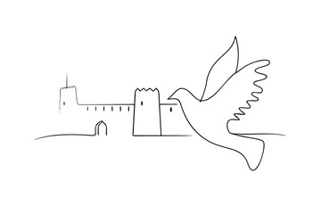 Simple line drawing of a dove and castle