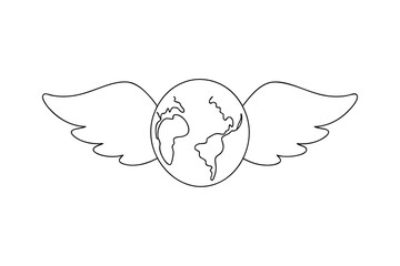 Earth globe with wings line drawing global travel concept