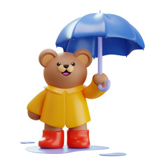 PSD 3D Cute Bear in a yellow raincoat and red rain boots and blue umbrella standing in water
