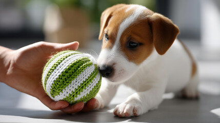 Cute Jack Russell Terrier puppy playing with green crochet ball indoors in daylight. Concept of pet care, domestic life, and animal bonding