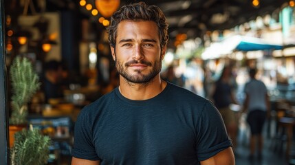 Fototapeta premium Man posing outside cafe in busy market