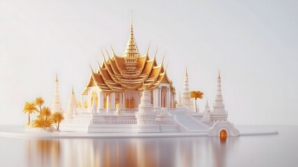 Colorful model of a traditional Thai temple complex with intricate architecture and lush greenery