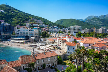 View from the Citadel to the old town and red roofs and the Adriatic Sea, Budva, Montenegro
