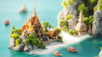 Colorful model of a traditional Thai temple complex with intricate architecture and lush greenery