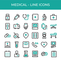 Set of medical icons, containing medicine, hospital, ambulance, healthcare, nurse, pills and more. Dual color line icons