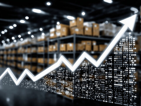 Warehouse Progress: An illustration of a rising graph superimposed over a warehouse interior, depicting growth in supply chain, logistical and commercial endeavors.