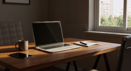 Fototapeta premium Home Office Setup with Laptop and Natural Window Light