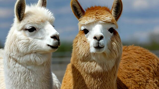 Two friendly llamas relax in a sunny field during springtime at a local farm with blue skies in the background