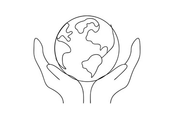Hands gently holding earth line drawing global care