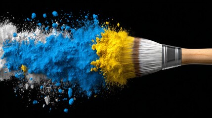 Fototapeta premium A paintbrush disperses vibrant blue and yellow powder against a black background