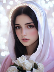 Glowing portrait of Virgin Mary with pearl-trimmed veil