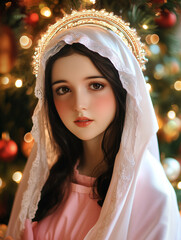 Glowing portrait of Virgin Mary with pearl-trimmed veil
