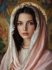 Blessed Virgin Mary with sparkling halo and delicate expression
