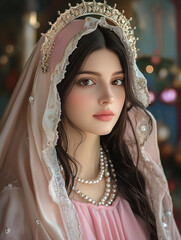 Blessed Virgin Mary with sparkling halo and delicate expression
