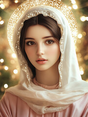 Blessed Virgin Mary with sparkling halo and delicate expression
