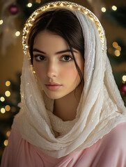 Blessed Virgin Mary with sparkling halo and delicate expression
