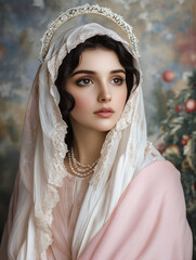 Glowing portrait of Virgin Mary with pearl-trimmed veil