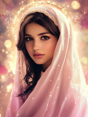 Glowing portrait of Virgin Mary with pearl-trimmed veil