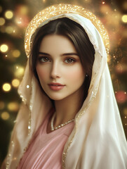 Glowing portrait of Virgin Mary with pearl-trimmed veil