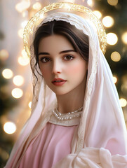 Glowing portrait of Virgin Mary with pearl-trimmed veil