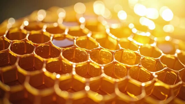 Honeycomb structure filled with golden honey in a natural environment, showcasing the intricate geometric pattern and the sweet, viscous substance.
