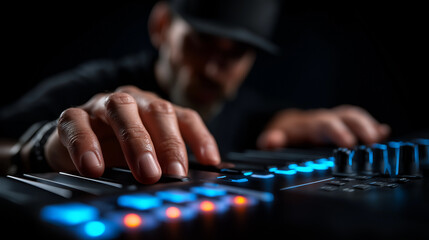 Fototapeta premium DJ bedient beleuchtetes Keyboard mit blauen LED-Lichtern in dunkler Atmosphäre