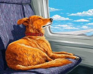 Pet-Friendly Travel Vacation Concept, pet sitting calmly in airplane cabin, flat vector design, safe and peaceful vibe