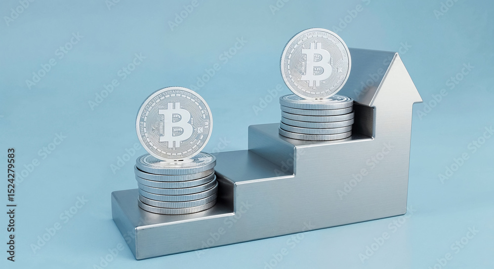 Poster bitcoin cryptocurrency value increasing depicted by growing stacks of coins and house shape