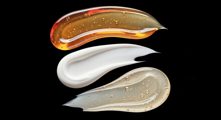 Obraz premium Cream, serum and gel strokes on black background presenting their texture