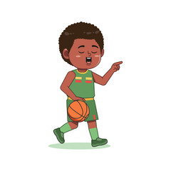 African American Cute Little Boy Cartoon Playing Basketball Pointing Hand Dribble