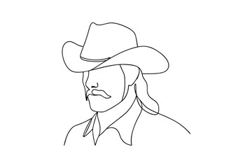 Line drawing of a cowboy with a mustache wearing a hat